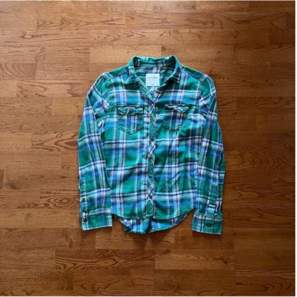 abercrombie kids flannel Shirt Top Plaid green blue white Long Sleeve girls XL